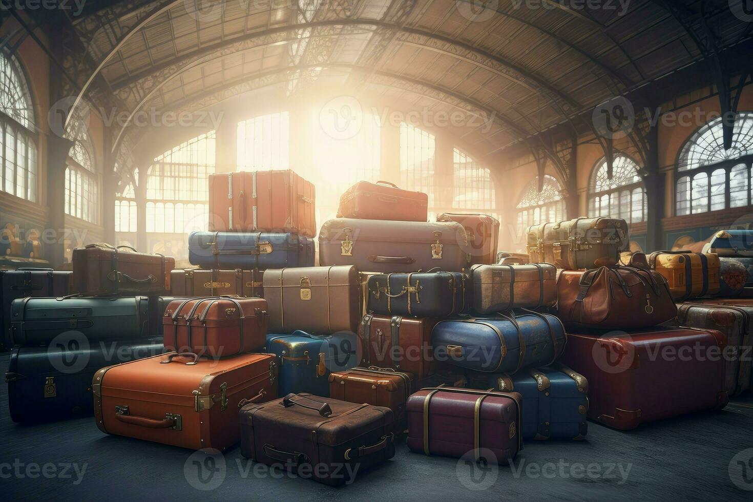 Suitcases train station. Generate Ai photo