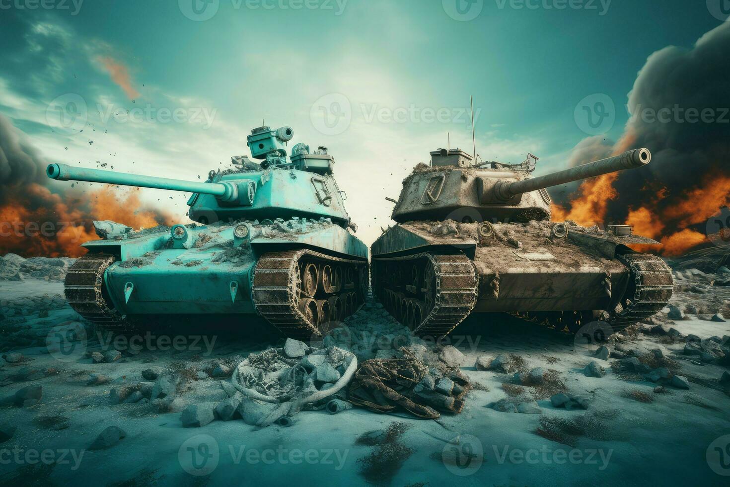 Two war tanks burn. Generate Ai photo