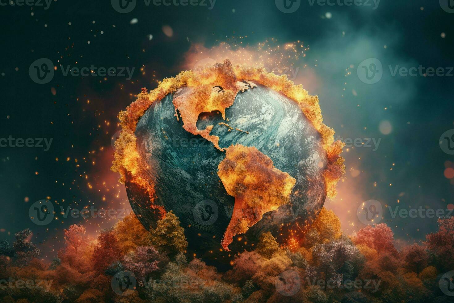 Global planet forest fire. Generate Ai photo