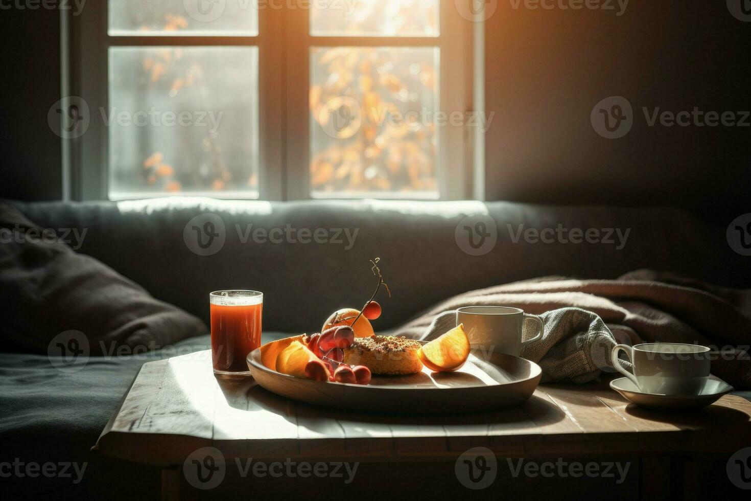 Cozy breakfast tray sofa. Generate Ai photo