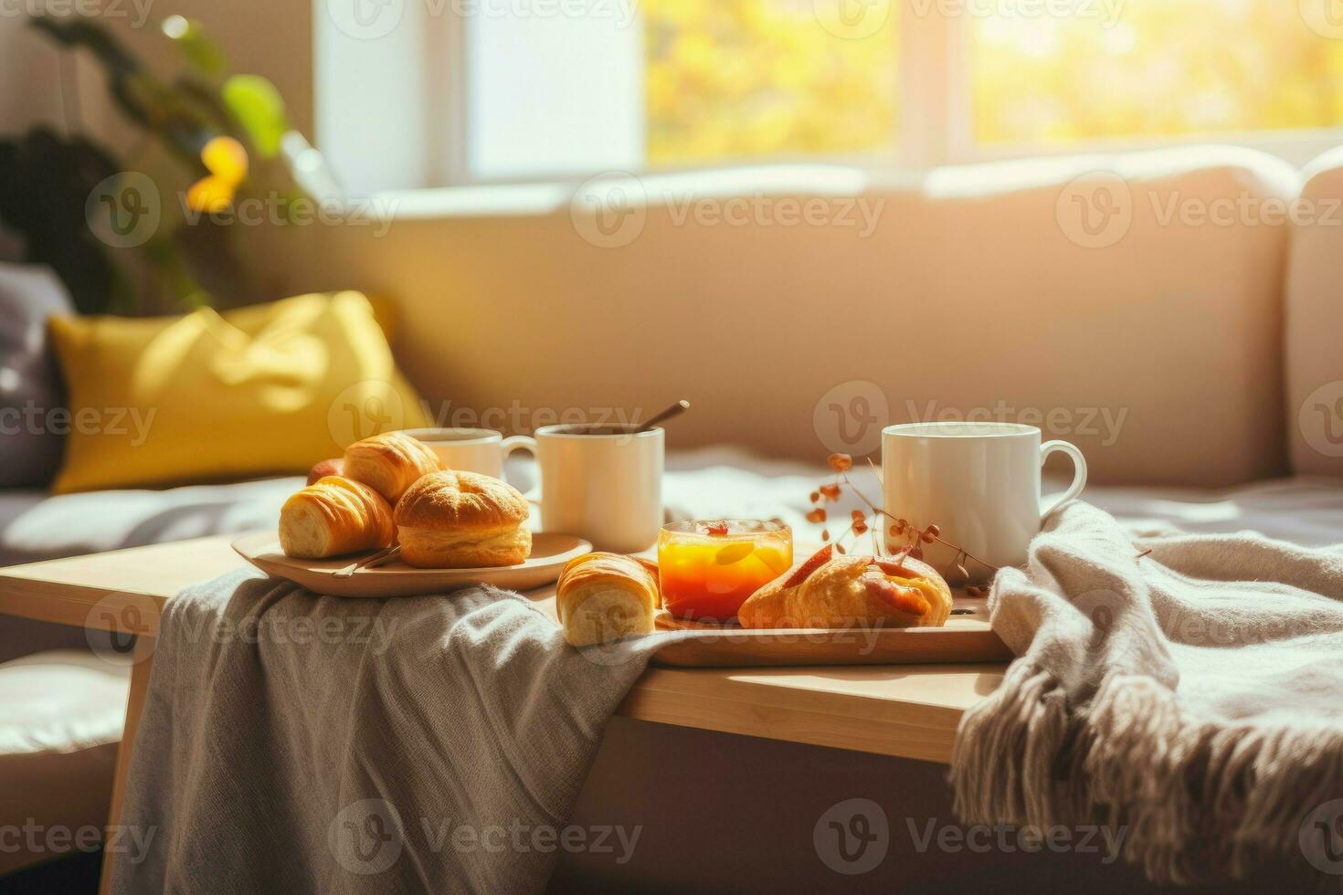 Cozy breakfast tray sunny morning. Generate Ai photo