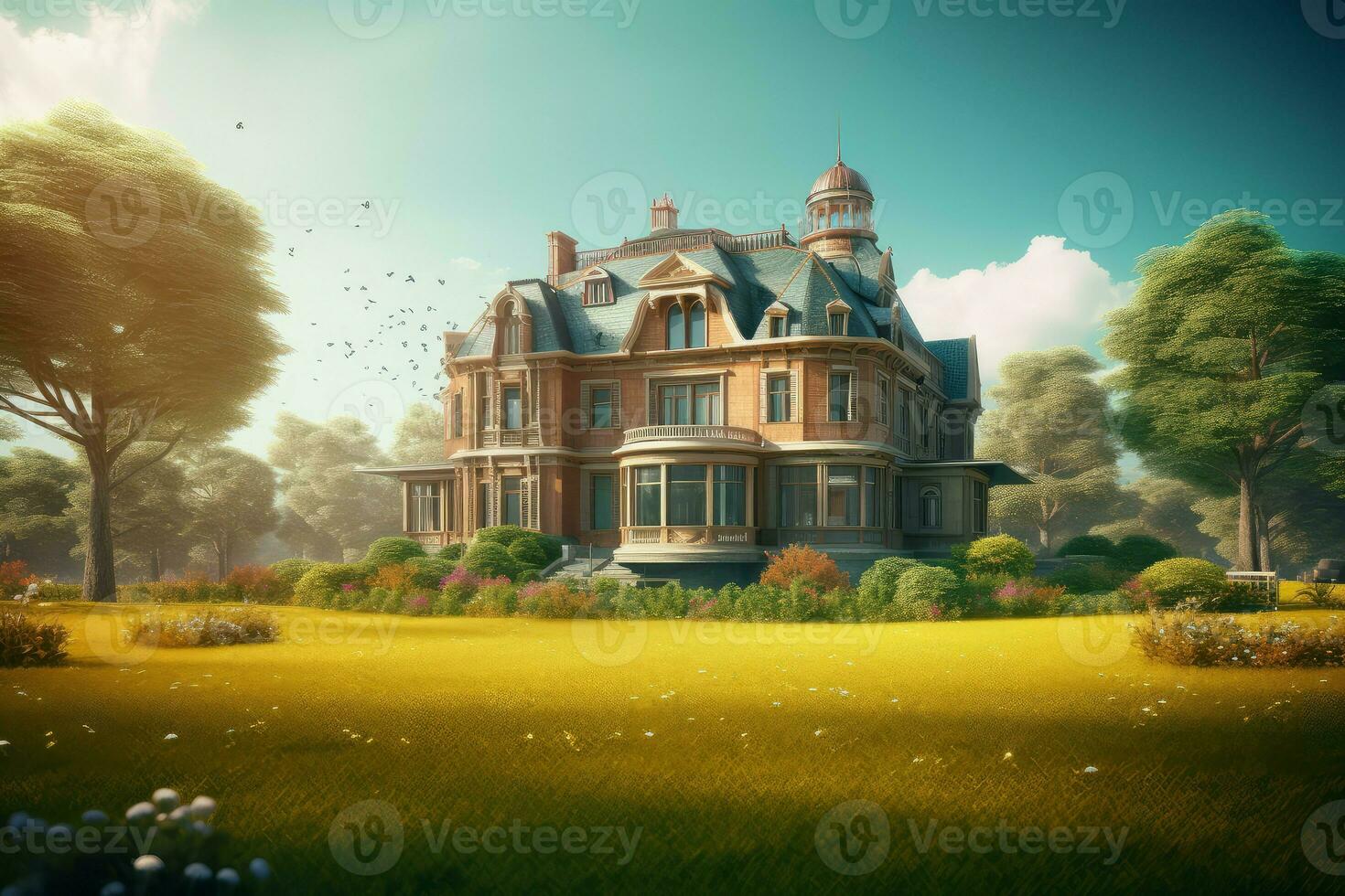 House green land view. Generate Ai photo