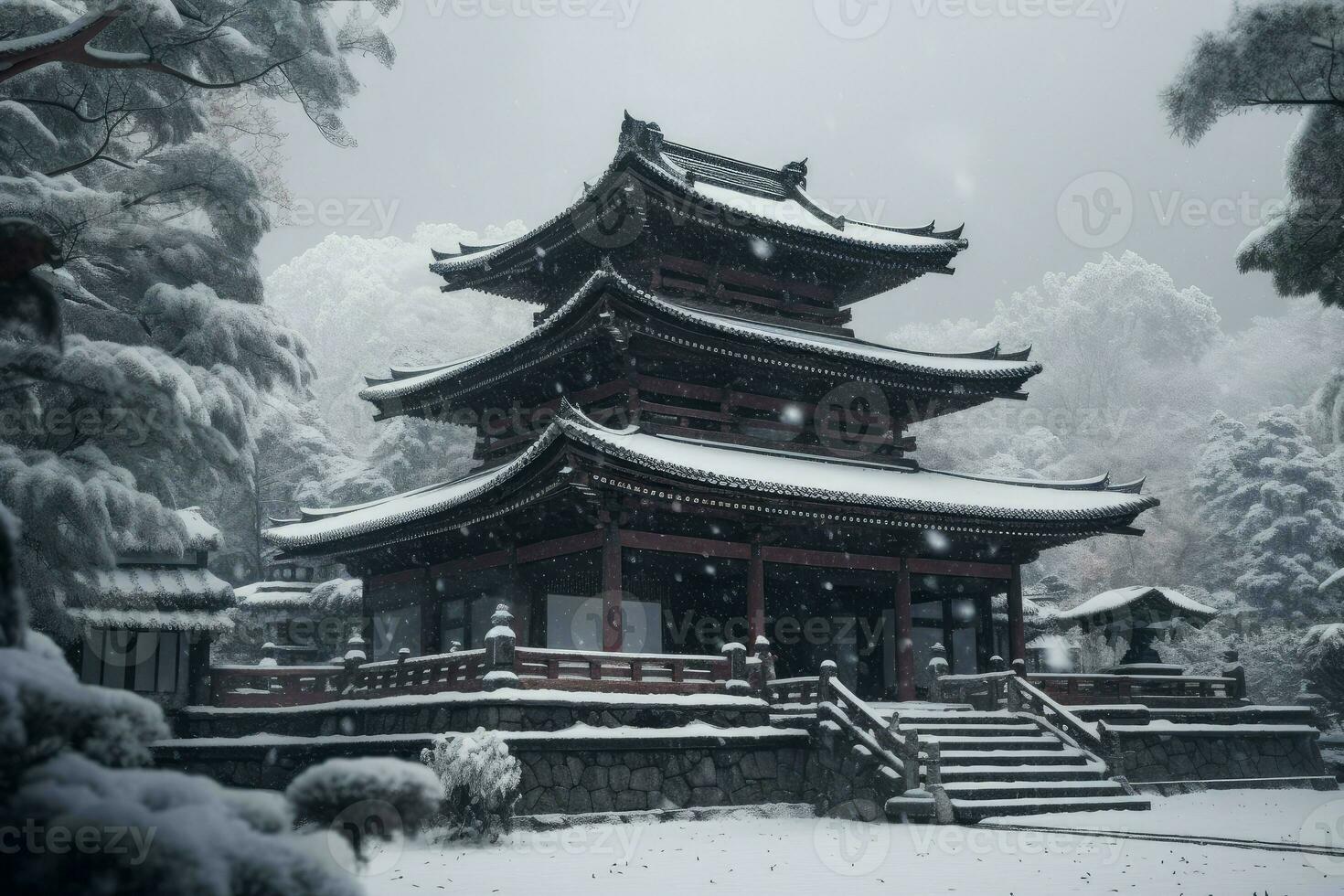 japonés templo invierno. generar ai foto