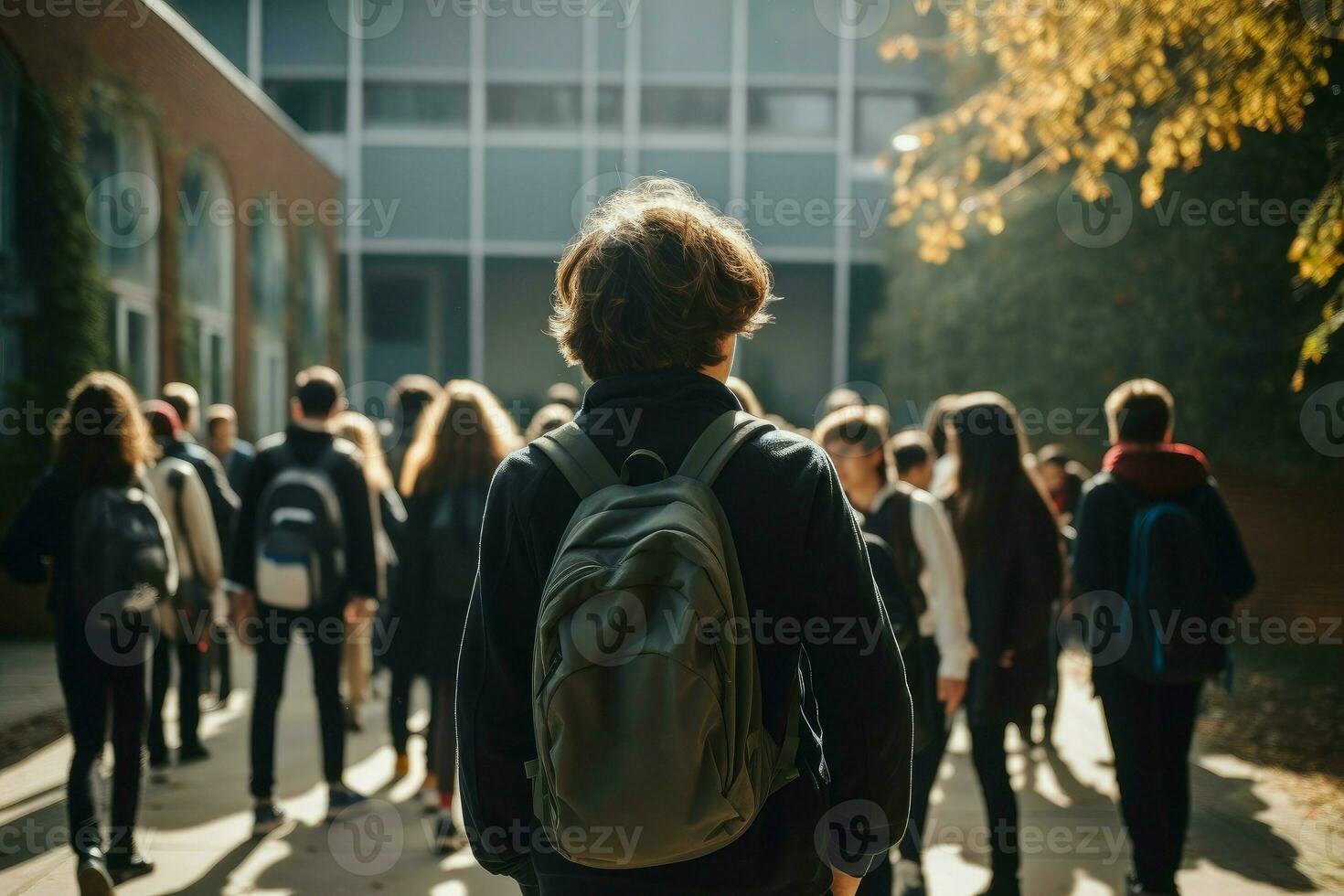 Boy walking school class morning. Generate Ai photo