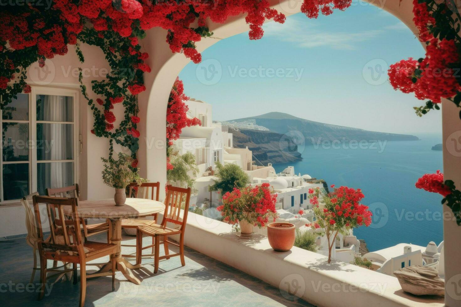 hermosa mar terraza jardín. generar ai foto
