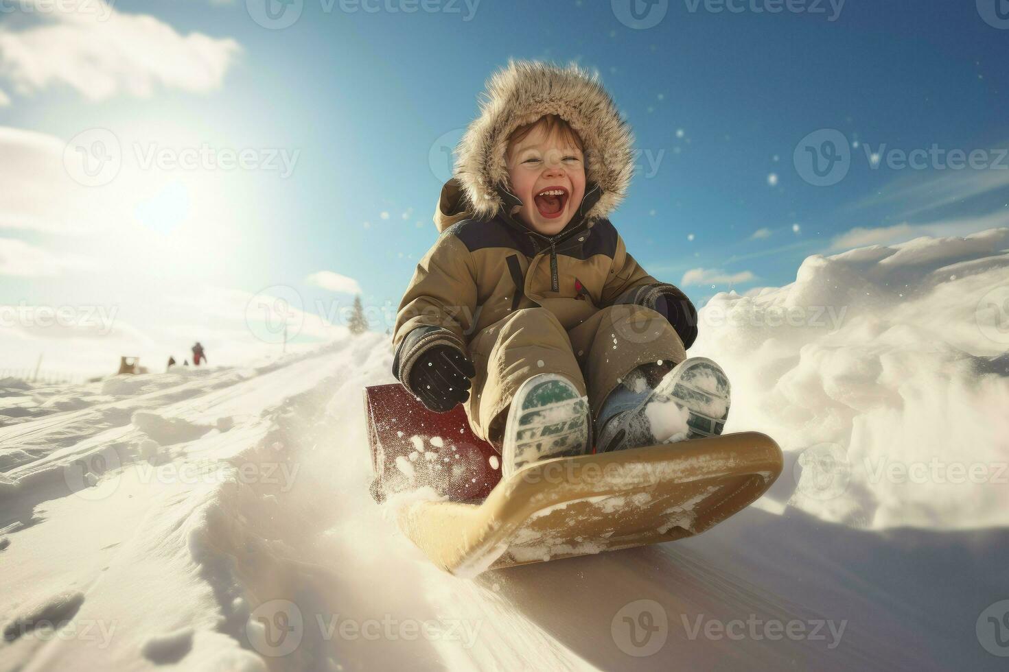 Boy riding snow slide snowy. Generate Ai photo