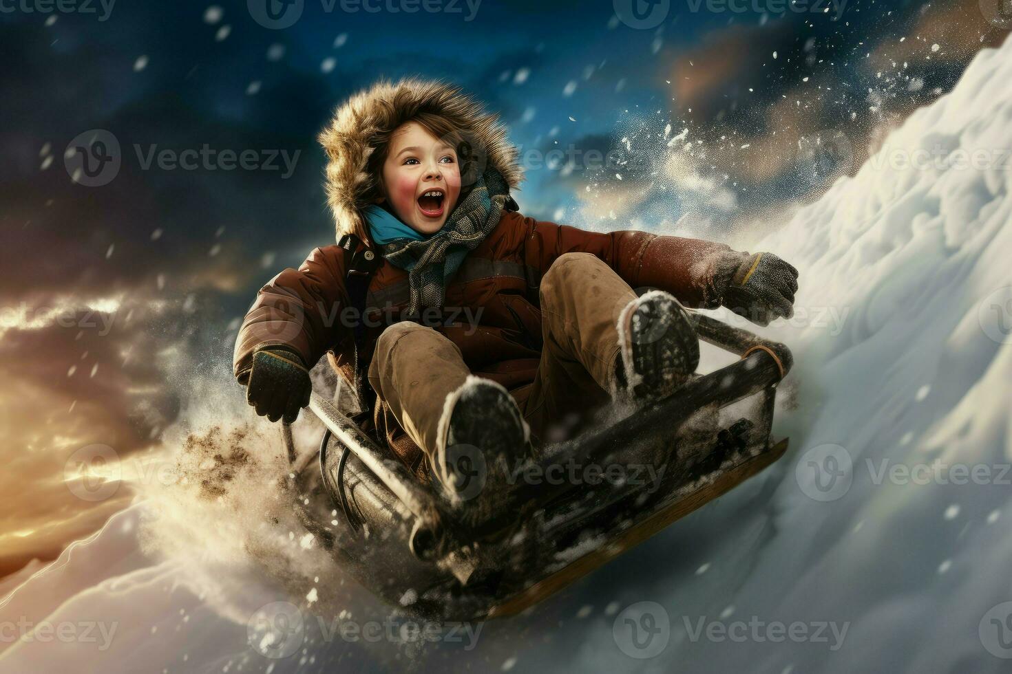 Boy riding snow slide happiness. Generate Ai photo