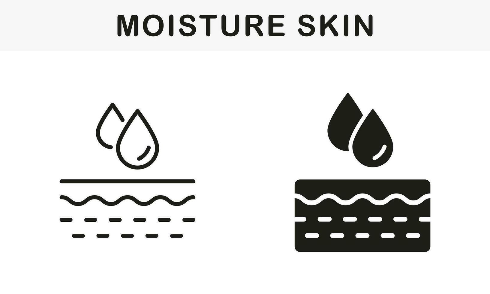 Skin Layer Absorb Water Drop, Anti Dry Skincare Symbol Collection. Skin Moisture Concept Line and Silhouette Black Icon Set. Moisturizing Face and Body Skin Pictogram. Isolated Vector Illustration.