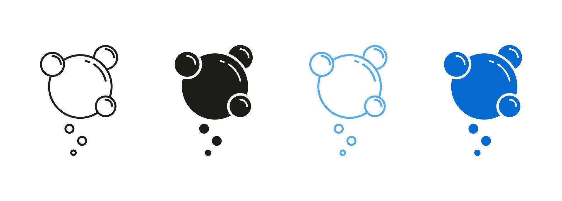 Fizzy Drink, Water Bubble Black and Blue Pictogram. Sphere Foam, Aquarium Drops. Effervescent Champagne Line and Silhouette Icon Set. Soap, Clear Soda Symbol Collection. Isolated Vector Illustration.