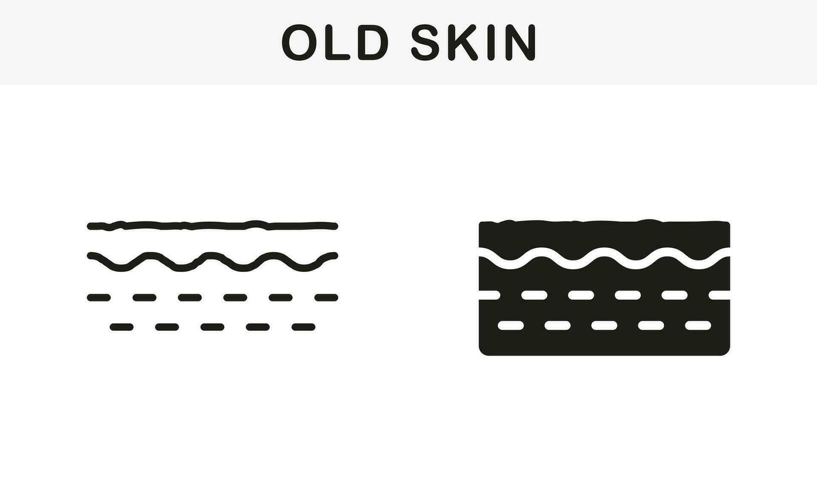 Old Skin Line and Silhouette Black Icon Set. Dermis Structure of Aged Skin Pictogram. Wrinkle, Not Elastic Flexible Smooth Skin. Aging Prevention Symbol Collection. Isolated Vector Illustration.