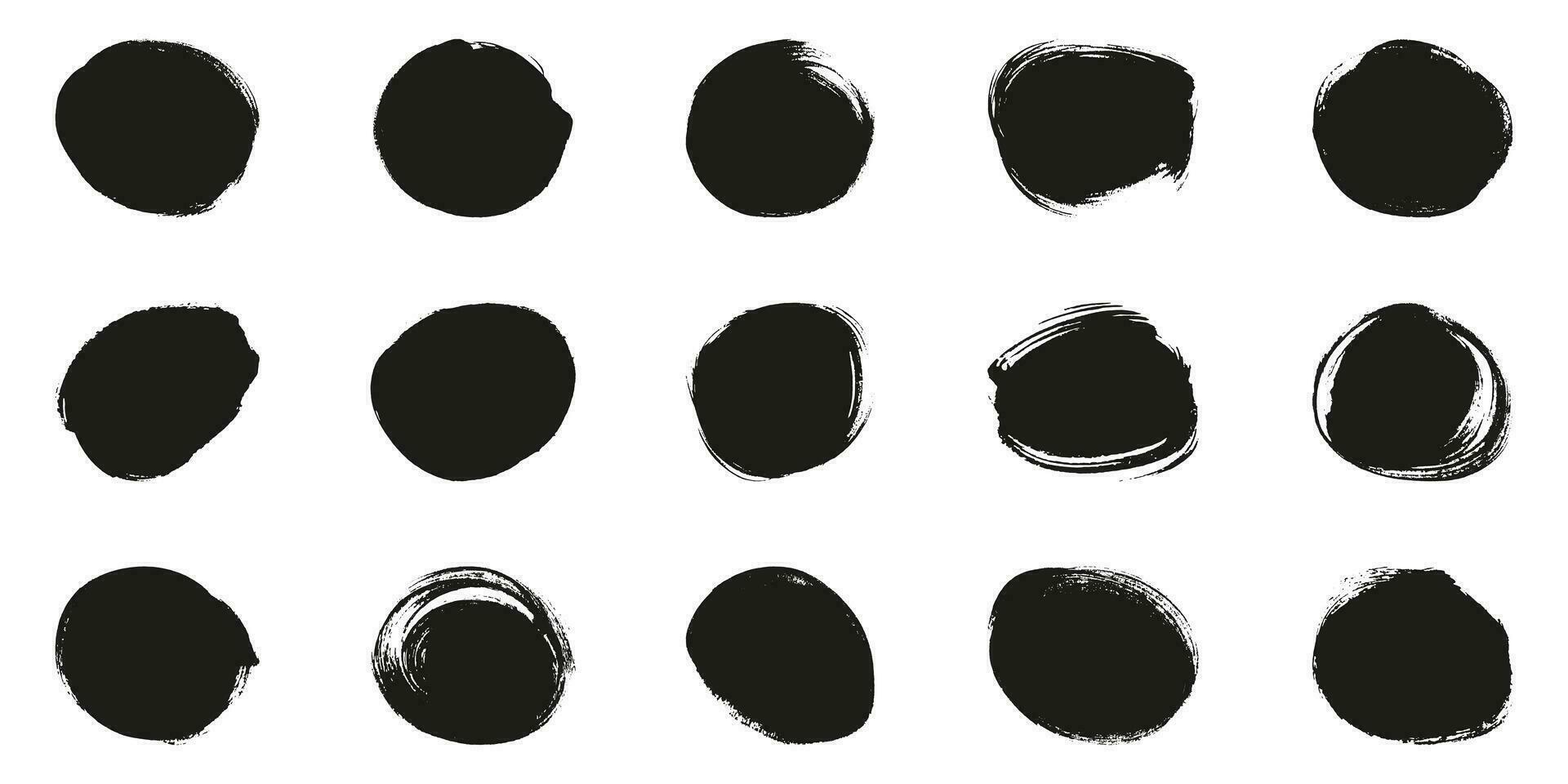 Round Brush Set. Black Grunge Frame in Circle Shape. Abstract Design of Watercolor Ink Paint. Swirl Graphic Element. Isolated Vector Illustration.