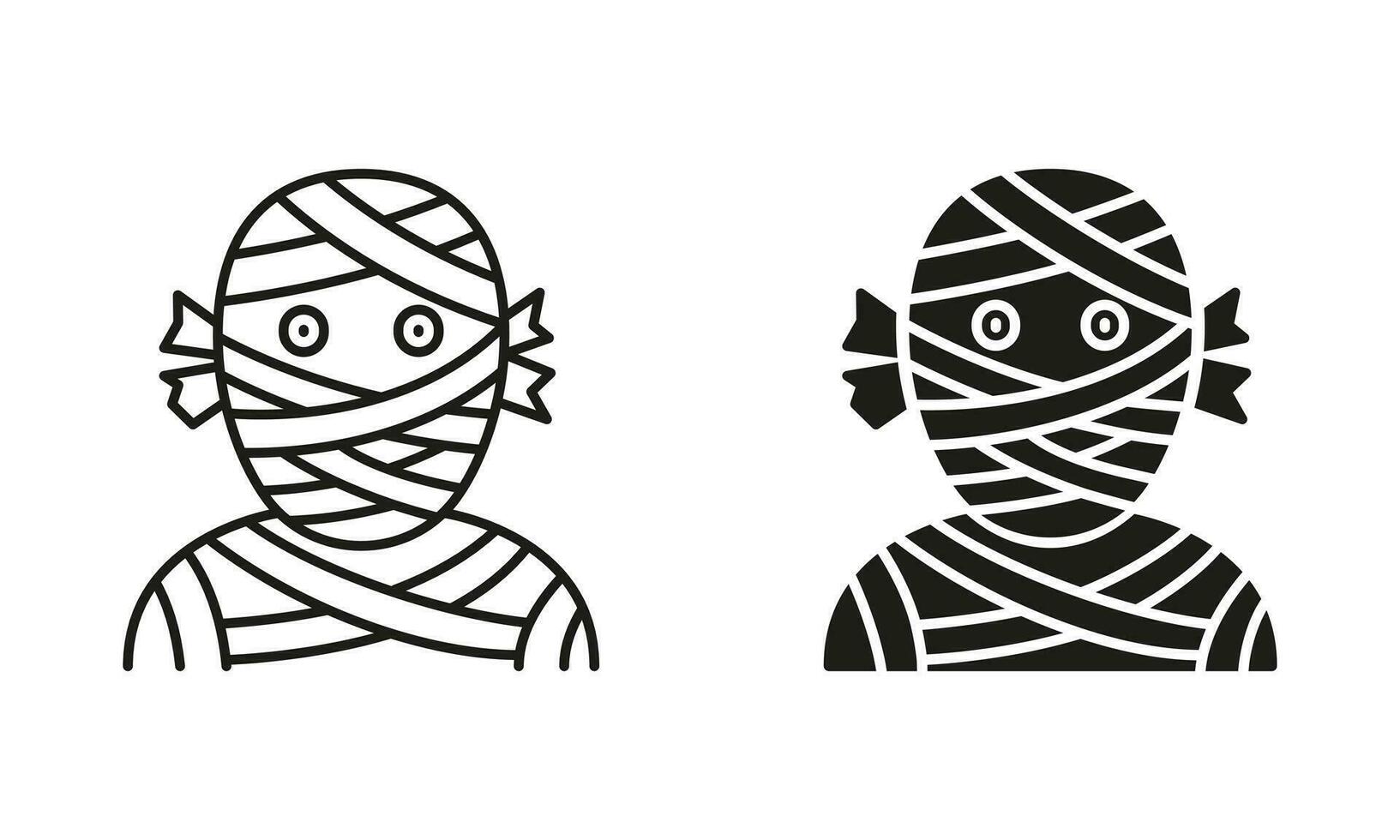 Mummy Line and Silhouette Black Icon Set. Funny Halloween Party Costume. Spooky Undead in Bandage. Horrible Monster in Wrap Symbol Collection. Isolated Vector Illustration.