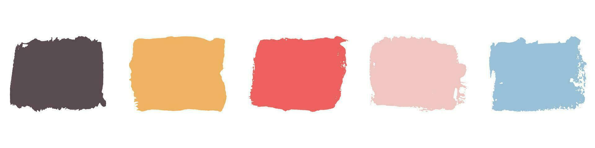 Grunge Brush in Square Shape, Paint Texture Set. Color Rectangle Ink Brushstroke, Dirty Distressed Paintbrush Collection. Rough Abstract Graphic Element. Isolated Vector Illustration.