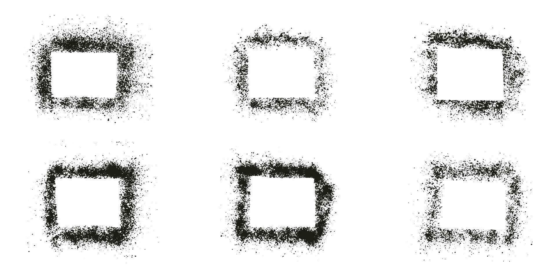 Spray Texture Frame Set. Grainy Square Border on White Background. Grunge Graphic Design Elements in Rectangle Shape. Abstract Black Paint Brush Grain Collection. Isolated Vector Illustration.