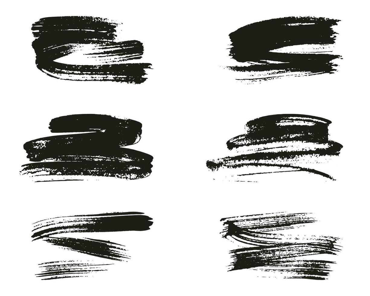 Abstract Brush Stroke Set. Grunge Paintbrush, Black Ink Texture. Paint Splatter. Brushstroke Design Element. Watercolor Scratch. Grungy Stripes, Dirty Splash Wave Line. Isolated Vector Illustration.