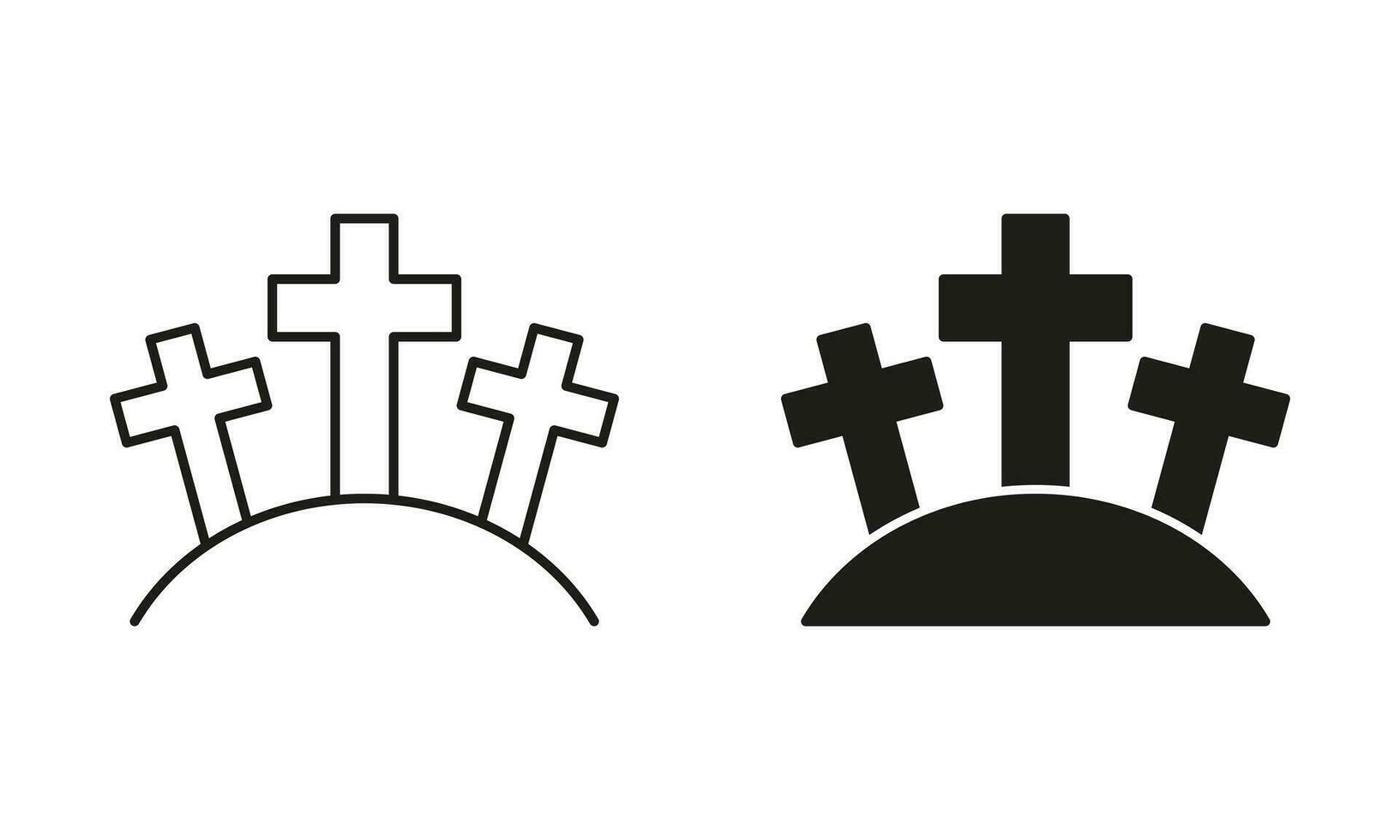 Cemetery with Tombstone and Cross Line and Silhouette Black Icon Set. Gravestone, Tomb, Tombstone Pictogram. Spooky Graveyard, Halloween Symbol Collection. Isolated Vector Illustration.