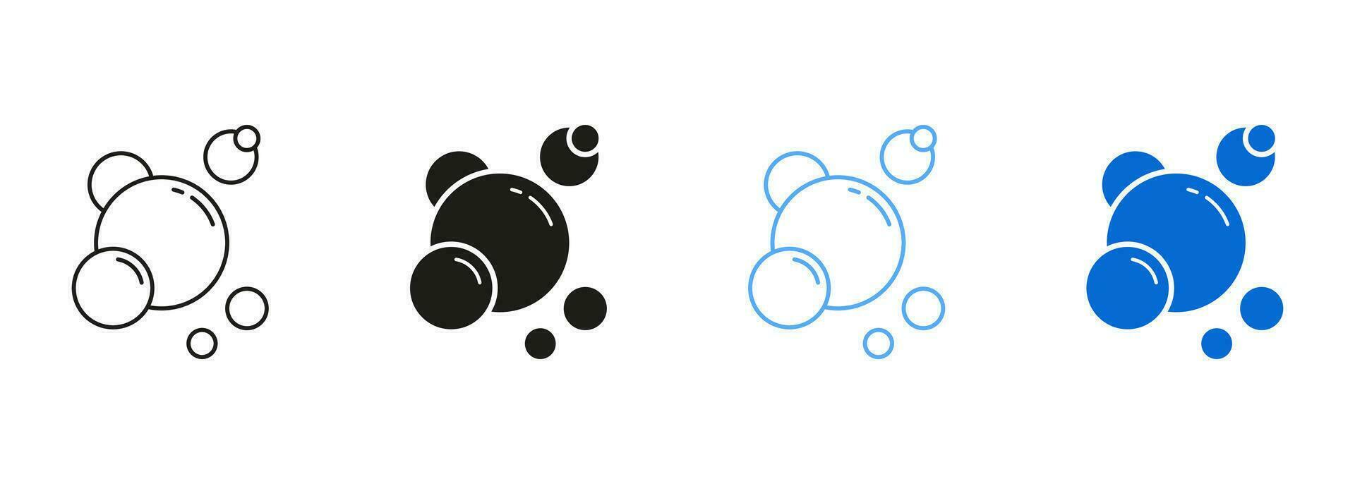 Clear Soda Drops Line and Silhouette Icon Set. Soap Symbol Collection. Fizzy Drink, Water Bubble Black and Blue Pictogram. Sphere Foam, Aquarium. Effervescent Champagne. Isolated Vector Illustration.