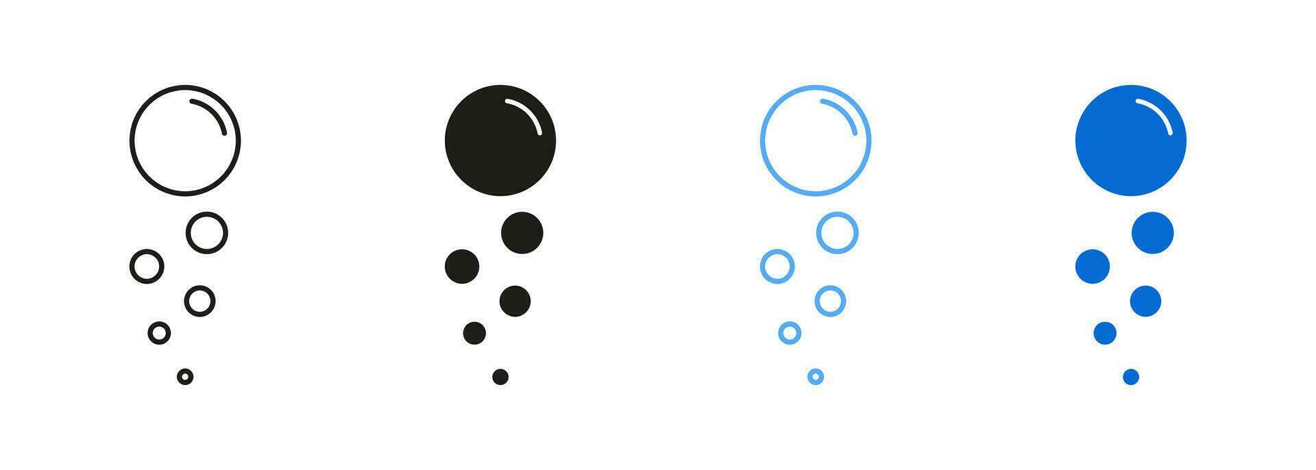 Fizzy Drink, Water Bubbles Line and Silhouette Icon Set. Soap, Sphere Foam, Clear Soda, Aquarium Drops Symbol Collection. Effervescent Champagne Black and Blue Pictogram. Isolated Vector Illustration.