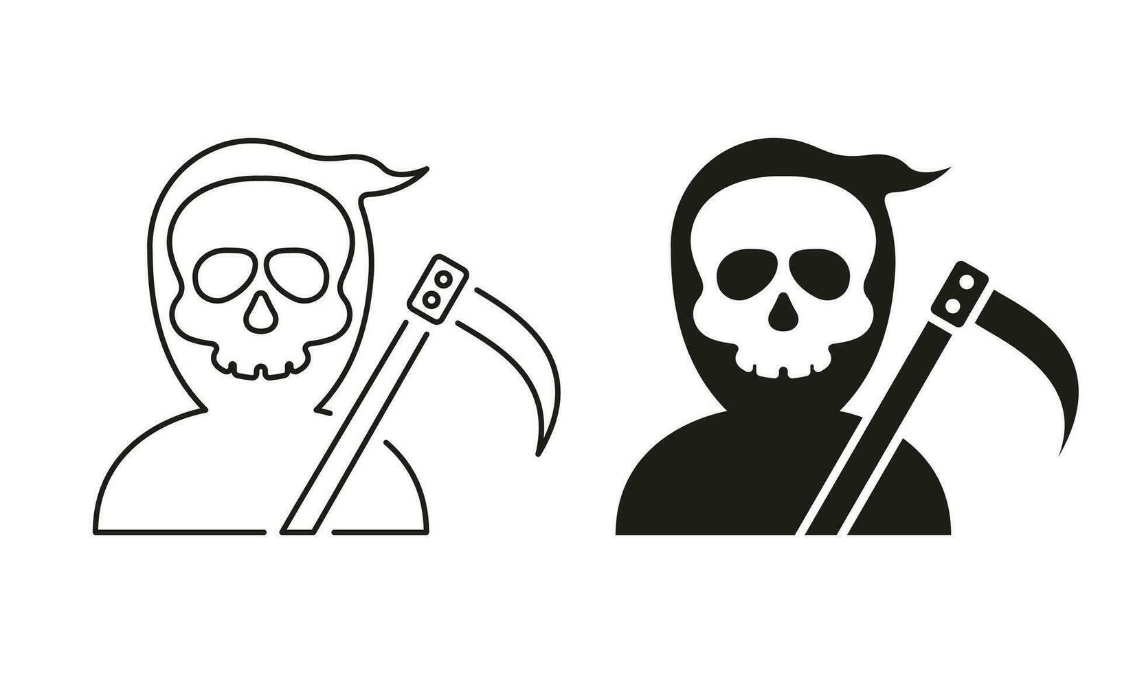 Grim Reaper Halloween Character Line and Silhouette Black Icon Set. Scary Human Skeleton in Robe with Scythe. Halloween Costume of Grim Reaper Symbol Collection. Isolated Vector Illustration.