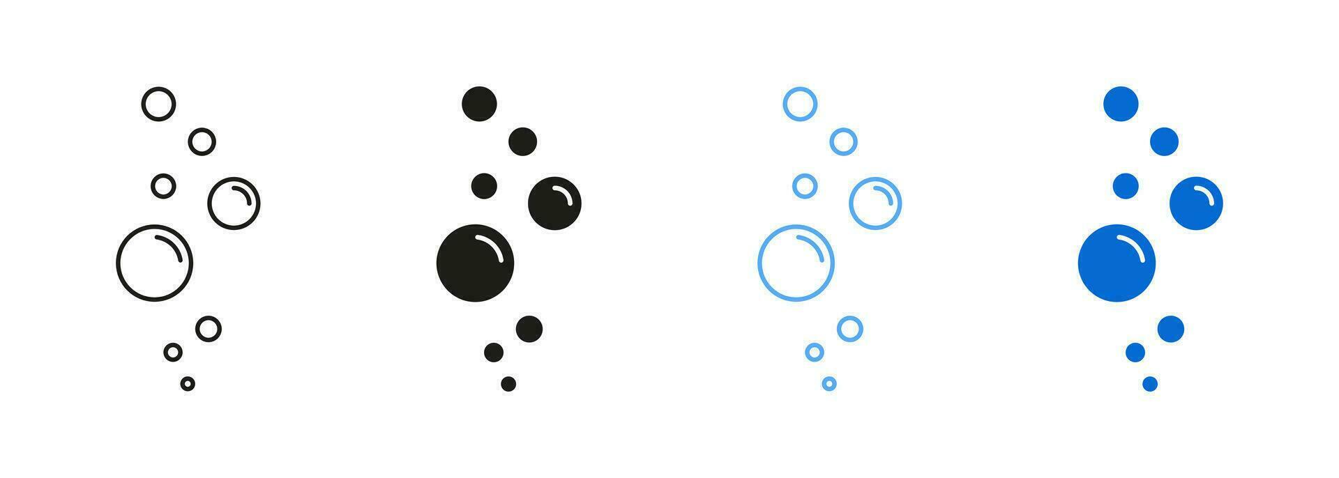 Fizzy Drink, Water Bubble Black and Blue Pictogram. Effervescent Champagne. Sphere Foam, Aquarium. Clear Soda Drops Line and Silhouette Icon Set. Soap Symbol Collection. Isolated Vector Illustration.