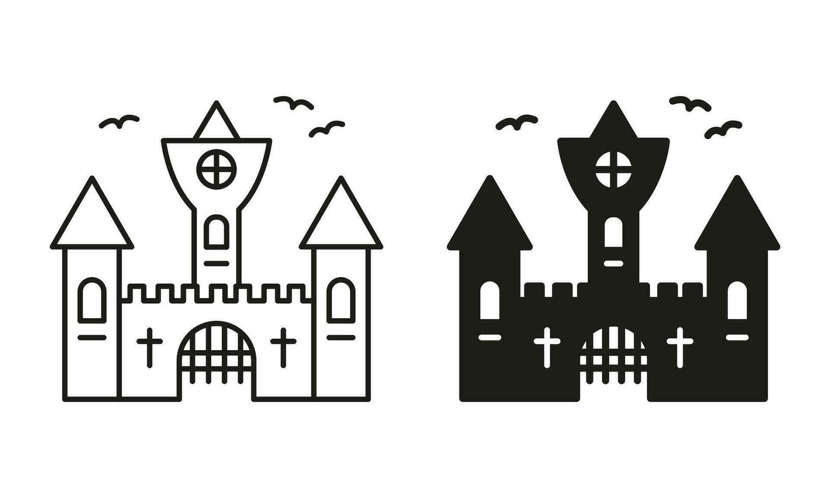 Halloween Gothic Spooky Castle Pictogram Set. Vampire Dracula Scary Castle Line and Silhouette Black Icons. Dark Old Castle for Halloween Celebration Symbol Collection. Isolated Vector Illustration.