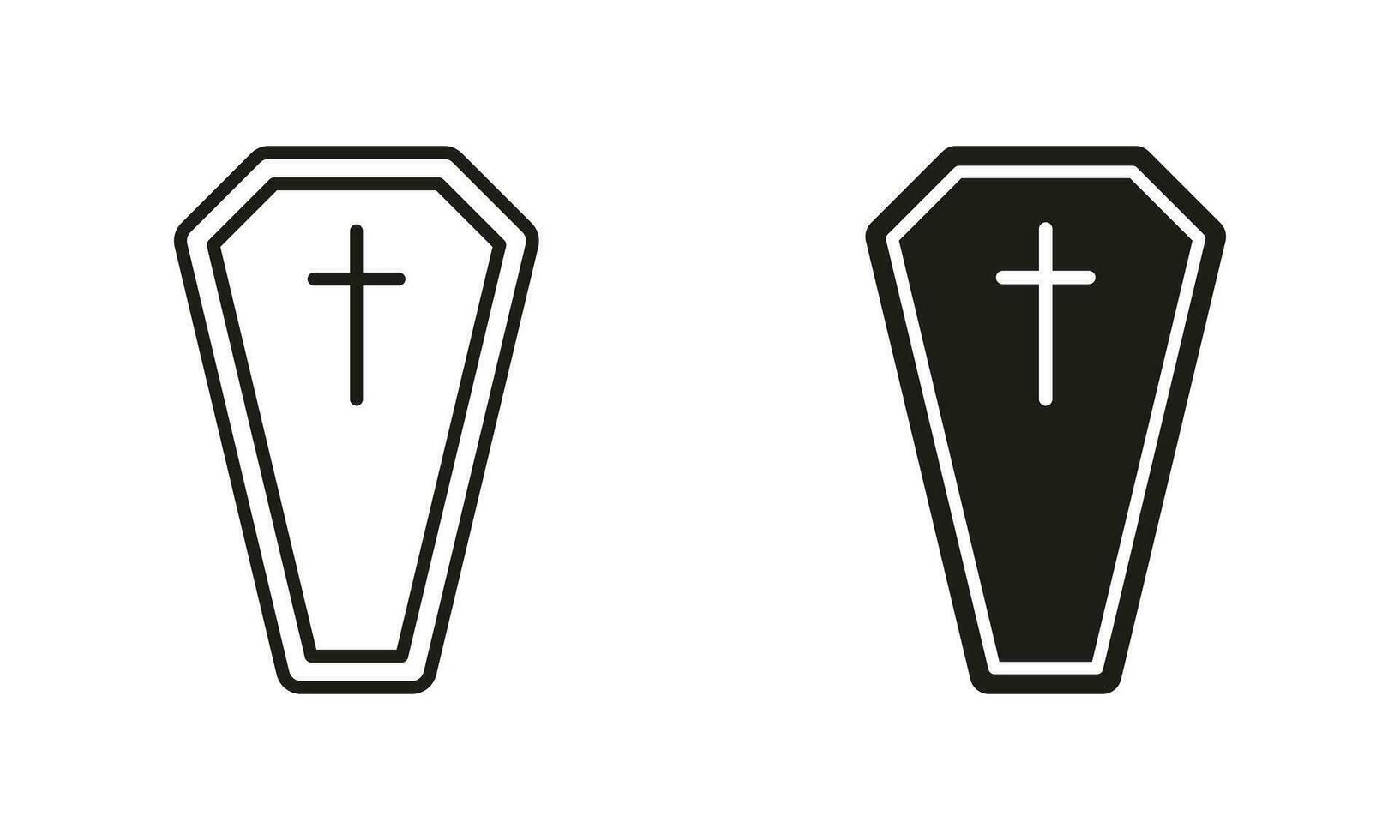 Coffin Casket Line and Silhouette Black Icon Set. Spooky Death, Wooden Grave, Funeral Cemetery Pictogram. Halloween Holiday Decoration Symbol Collection. Isolated Vector Illustration.