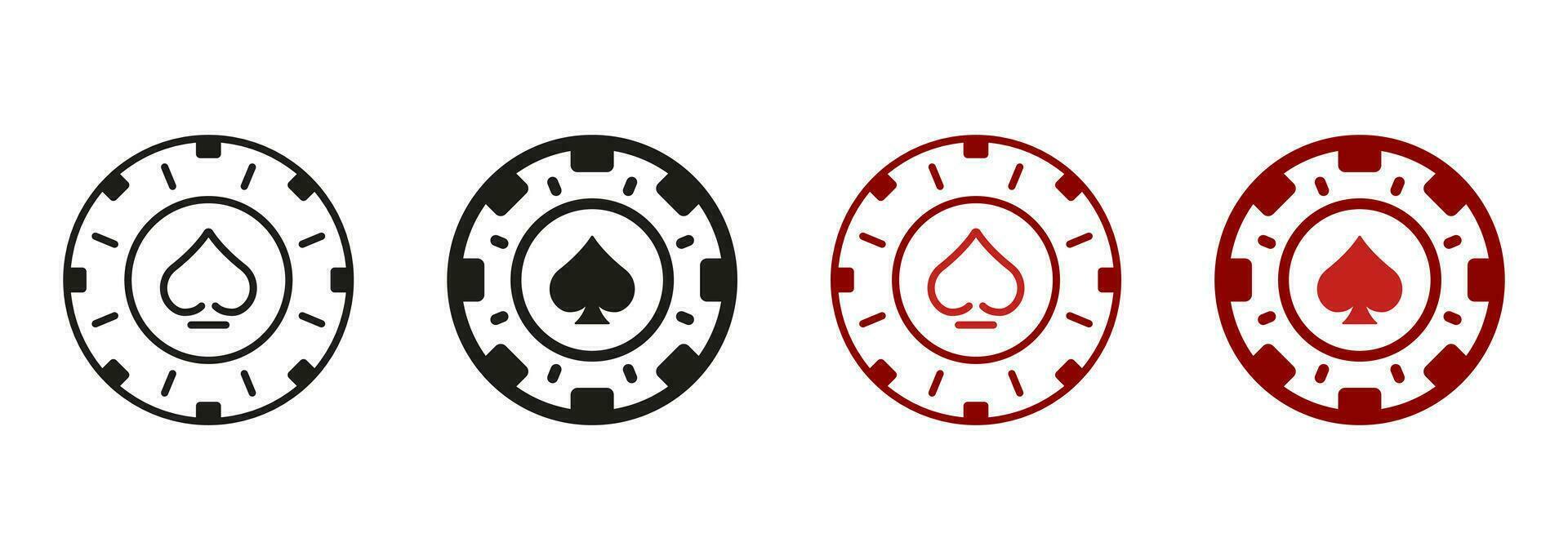 Poker Chip. Money Bet, Circle Token Symbol Collection. Chip Casino, Vegas Roulette Line and Silhouette Icon Set. Play Coin, Lucky and Risk in Gambling Game Pictogram. Isolated Vector Illustration.