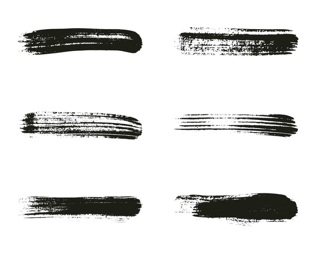 Brushstroke Paint Set. Brush Stroke, Black Watercolor Scratch in Line Shape. Ink Stripes Collection. Dirty Grunge Paintbrush. Grungy Texture Background, Abstract Design. Isolated Vector Illustration.