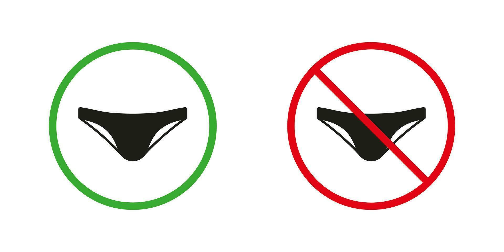 hombres nadar bañador rojo y verde advertencia señales. verano masculino nadar bañador silueta íconos colocar. permitido y prohibido entrar en traje de baño circulo símbolo. desnudo playa zona signo. aislado vector ilustración.