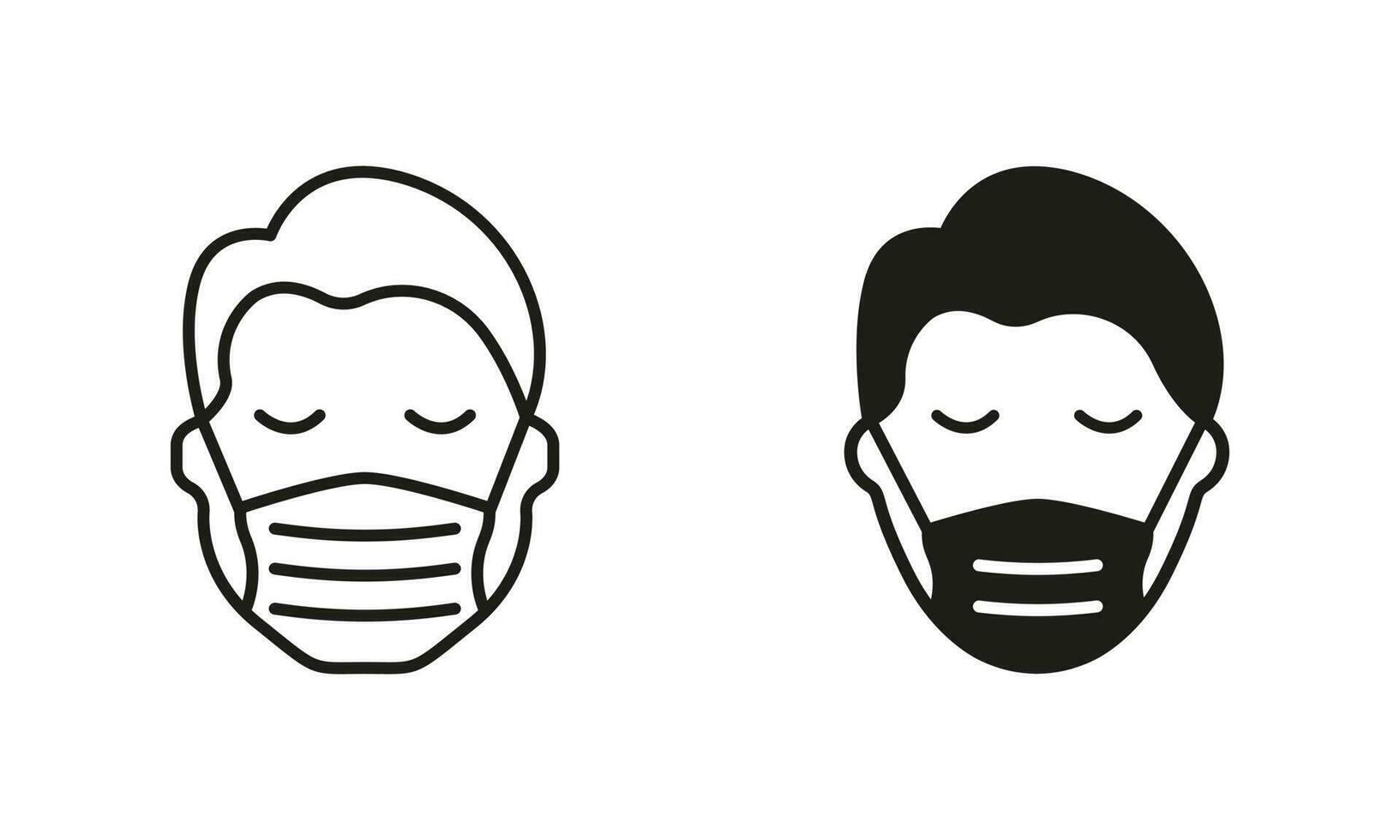 Man in Face Mask Line and Silhouette Icon Set. Medical Face Protection Mask Cover Mouth and Nose of Human Symbol Collection. Wear Respirator Against Virus, Dust, Allergy. Isolated Vector illustration.