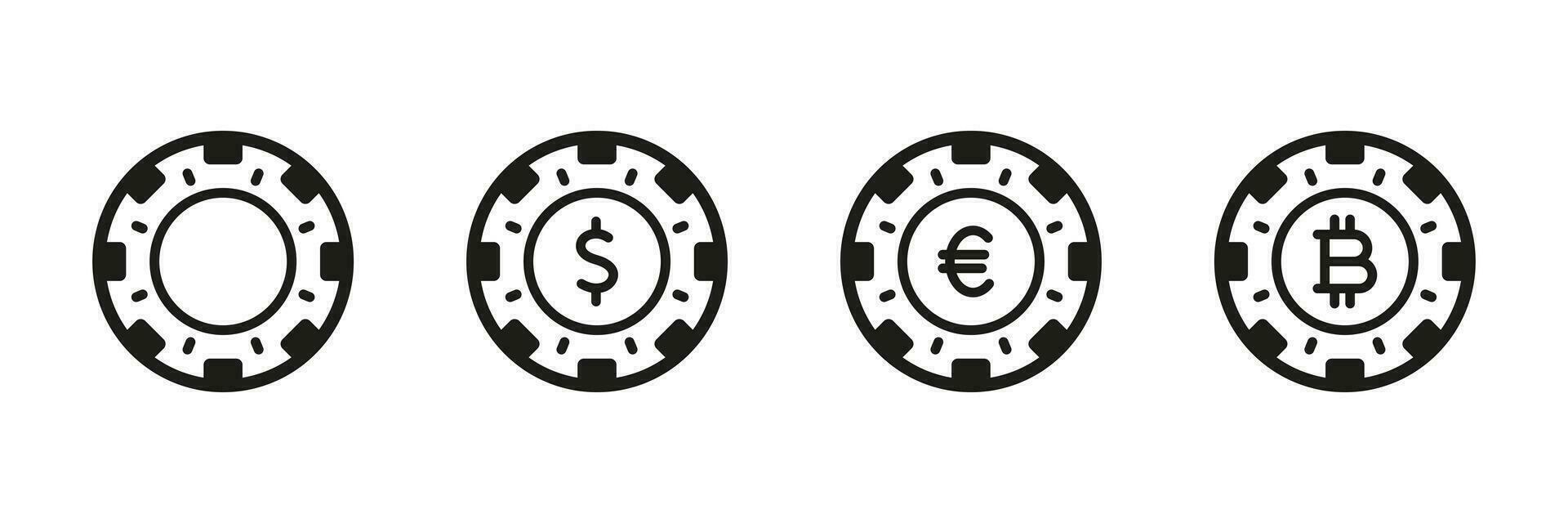 Betting Chip for Poker Set Black Icons. Luck Dollar Euro Bitcoin for Gamble Pictogram. Casino Currency, Poker Money Sign. Fortune Bet, Gambling Game Symbol Collection. Isolated Vector Illustration.