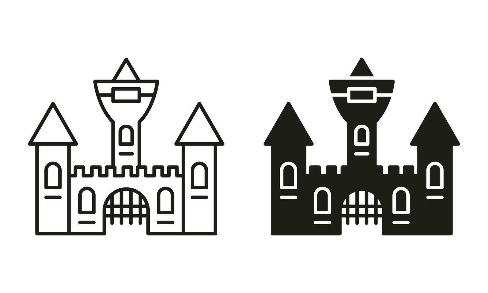 Vampire Dracula Castle Line and Silhouette Black Icon Set. Halloween Gothic Spooky Castle Pictogram. Scary Dark Old Castle for Halloween Celebration Symbol Collection. Isolated Vector Illustration.