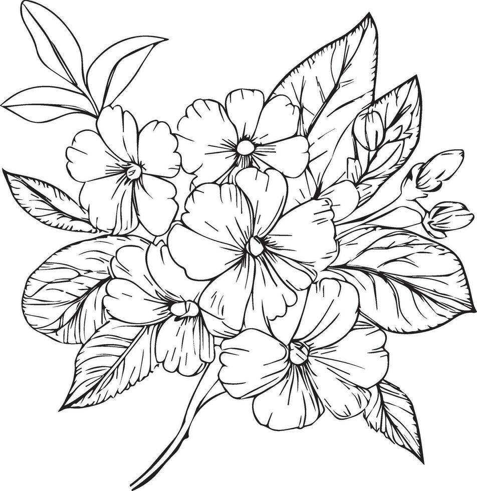 Detailed flower coloring pages, sketch contour bouquet of primrose flowers, Sketch primula flower drawing, flower cluster drawing, Easy flowers coloring pages, February birth coloring pages for adult vector