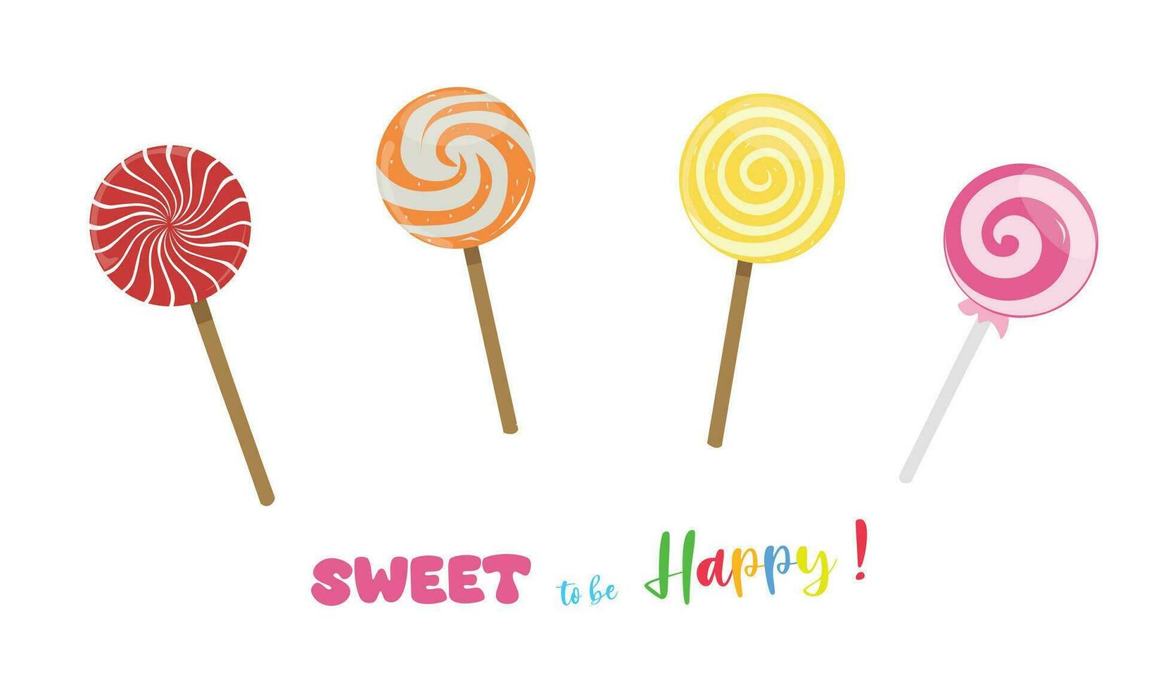 Sweet lollipop vector set. Colorful striped lollipops with various spiral and ray patterns. Multicolored round candy on stick vector illustration in cartoon style isolated on white.