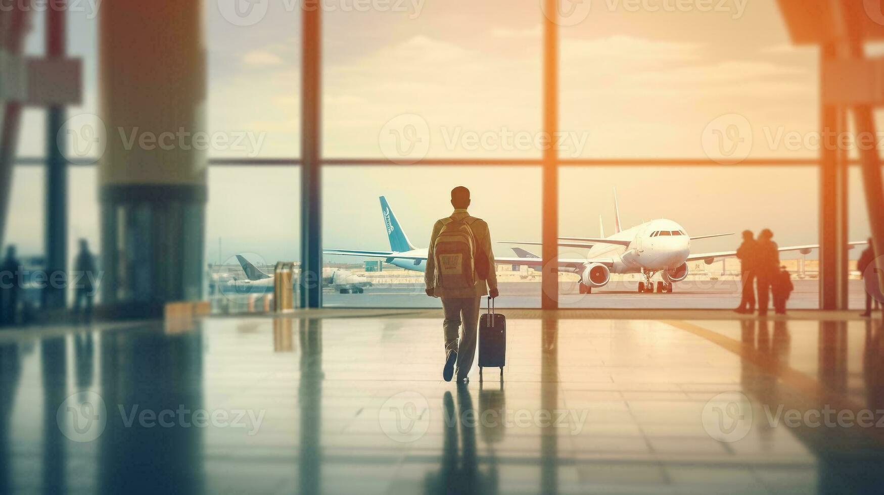 posterior ver de viajero hombre con mochila y equipaje caminando en aeropuerto Terminal. generativo ai. foto