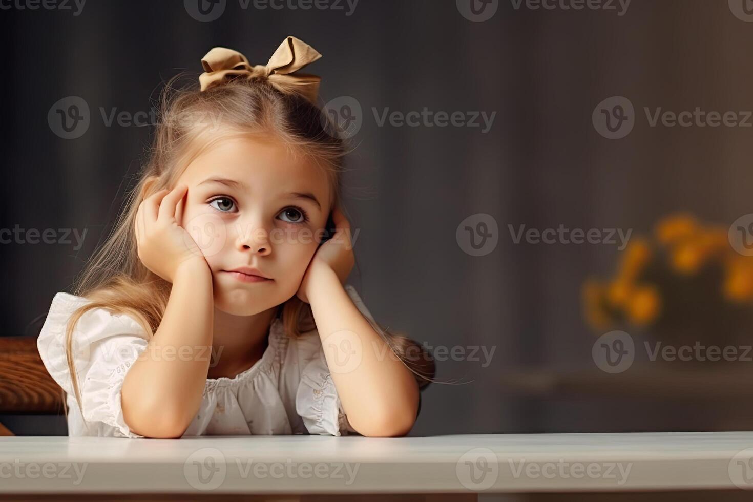 little girl sitting at the table and dreamy. photo