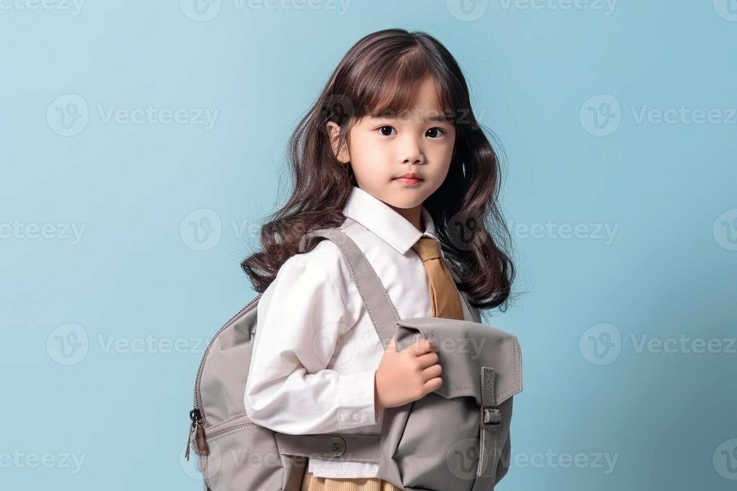 a girl in school uniform with backpack. photo