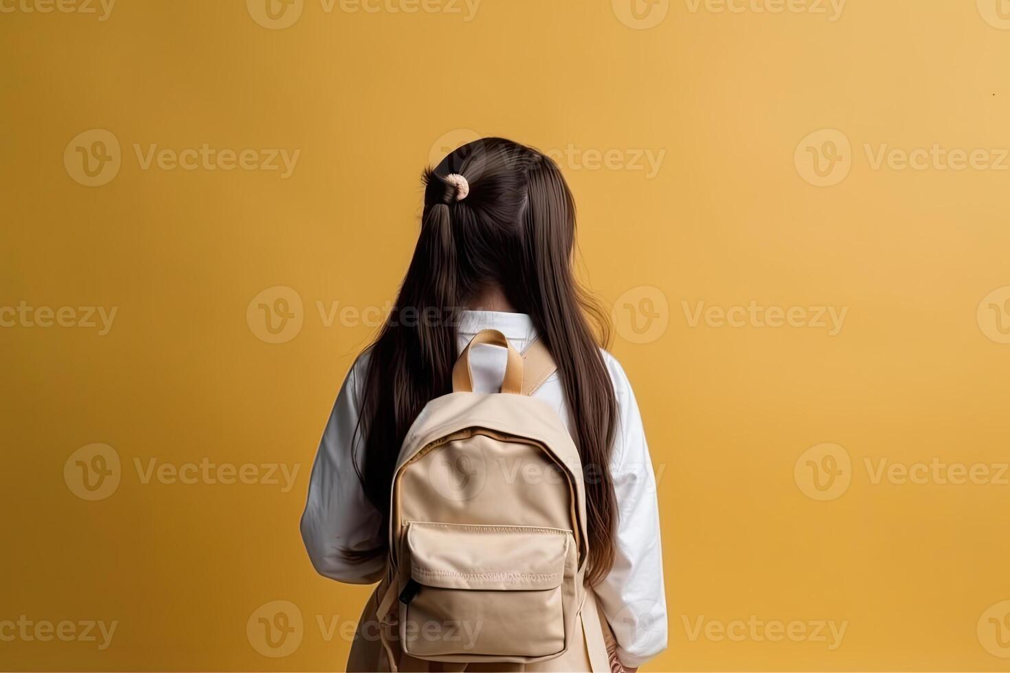 behind view of a girl wearing school uniform with backpack. photo