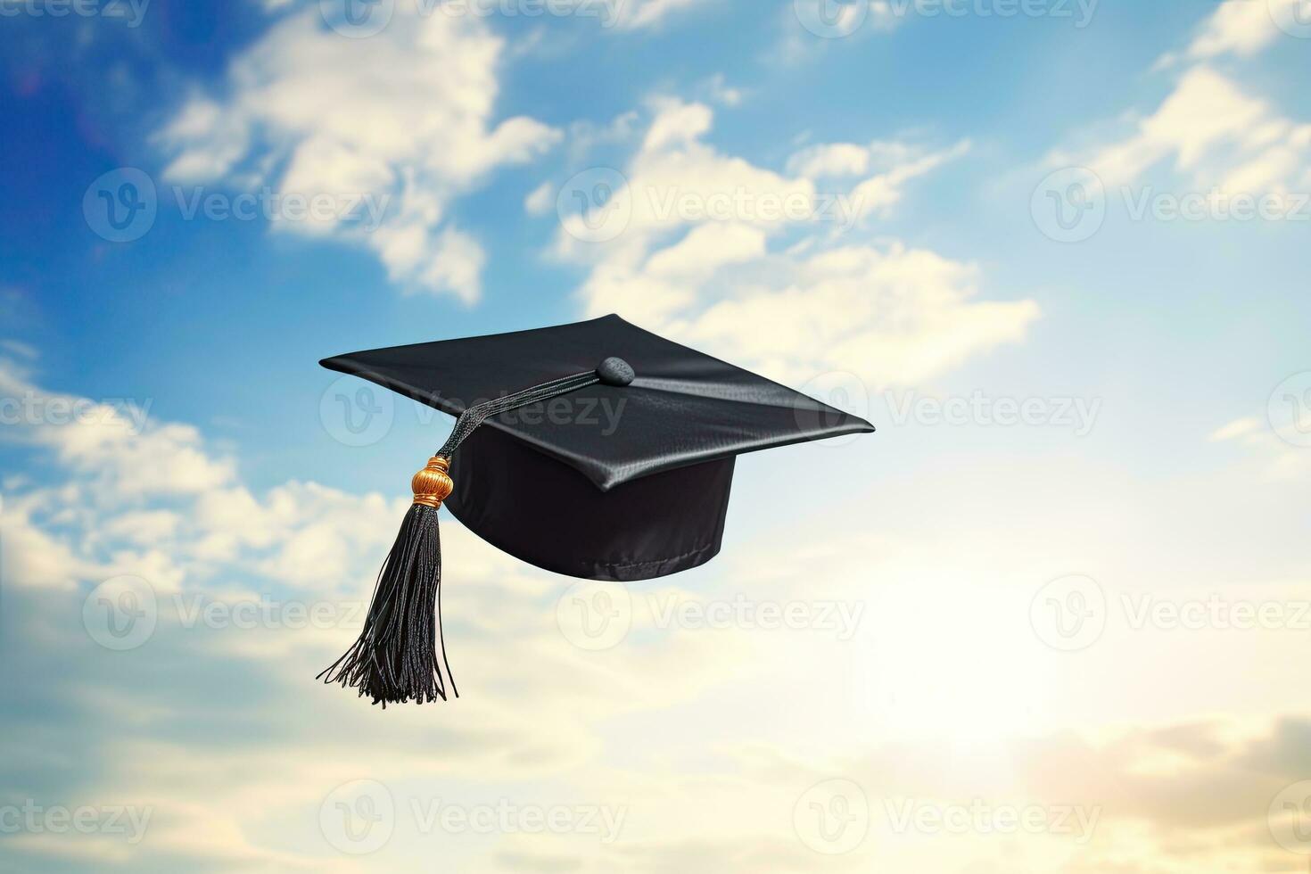 graduation cap floating in the sky. AI Generated photo