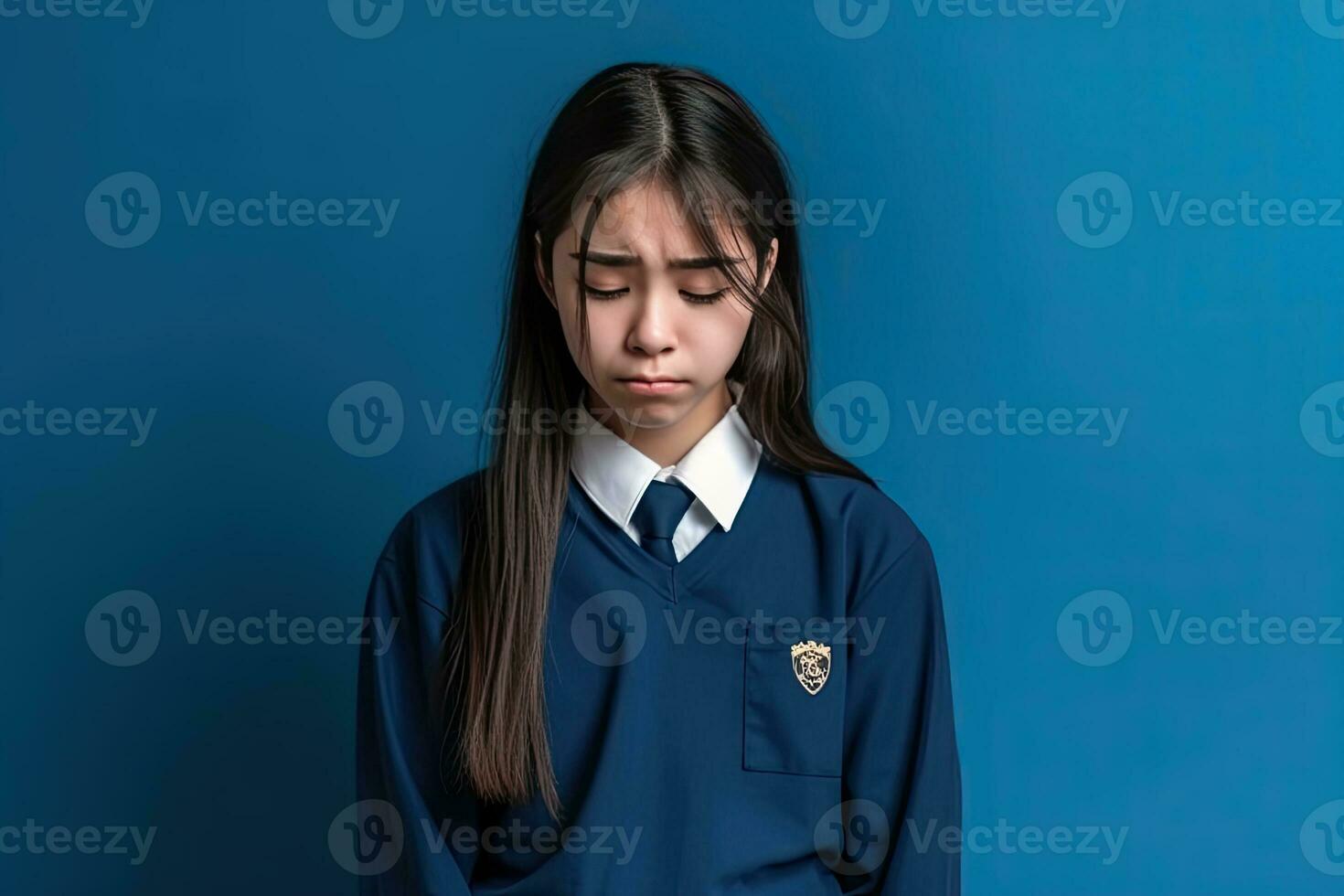 un niña triste vistiendo colegio uniforme. ai generado foto