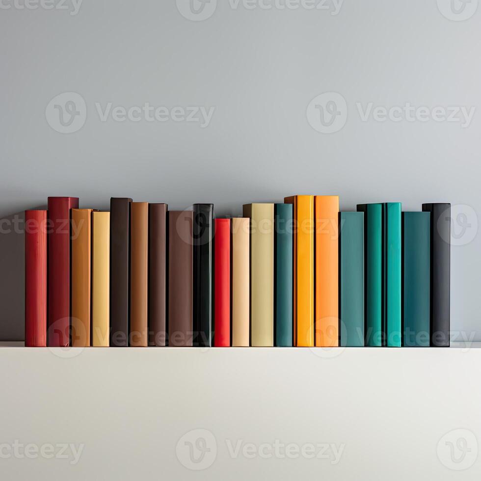 Row of colorful books on white shelf. Education concept. photo