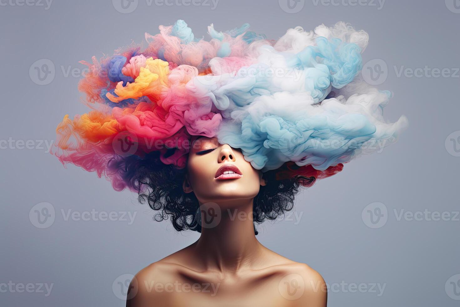 woman with colorful clouds on her head, psychedelic concept. photo