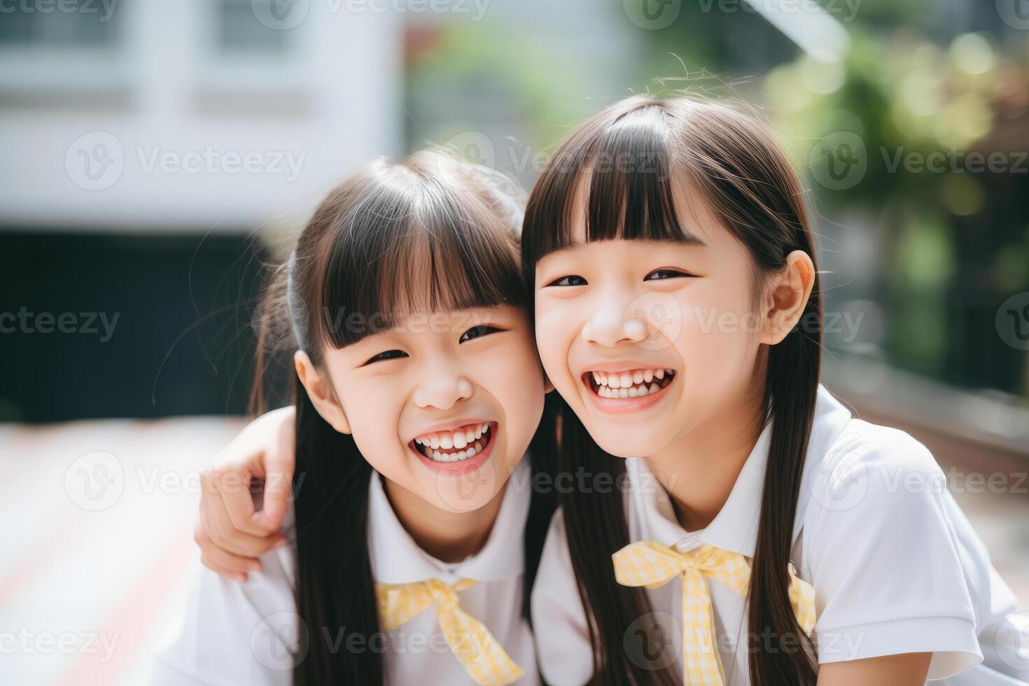 Two asian little schoolgirl smiling and laughing together in the park. photo