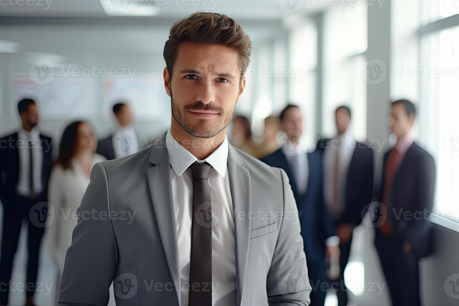 Businessman standing in office with colleagues in the background. photo