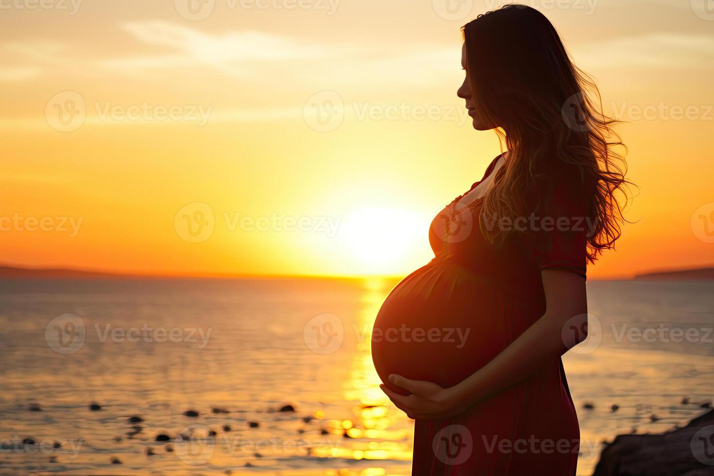 Pregnant woman at the beach during sunset. AI generated photo