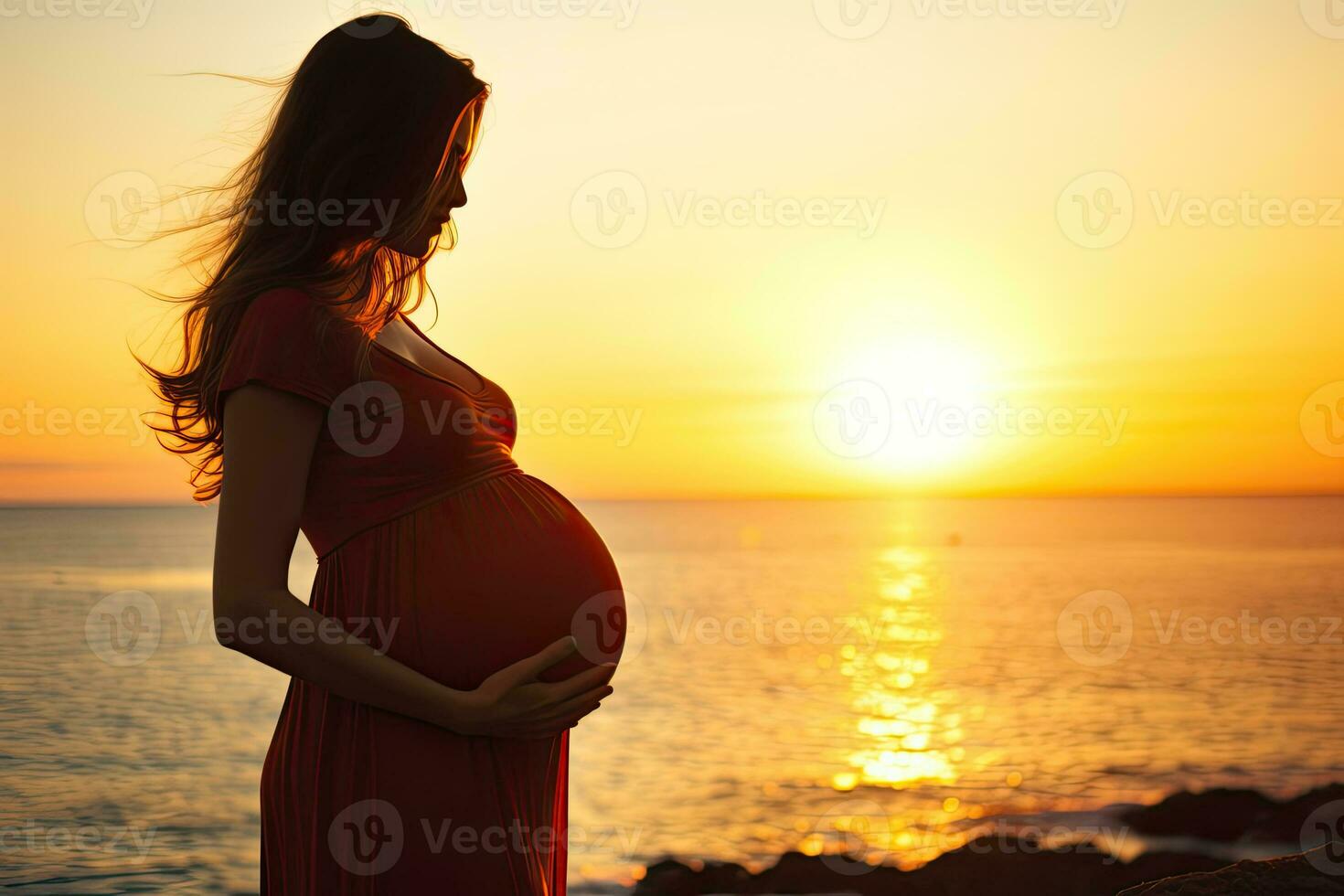 Pregnant woman holding her belly at beach with copy space. AI generated photo