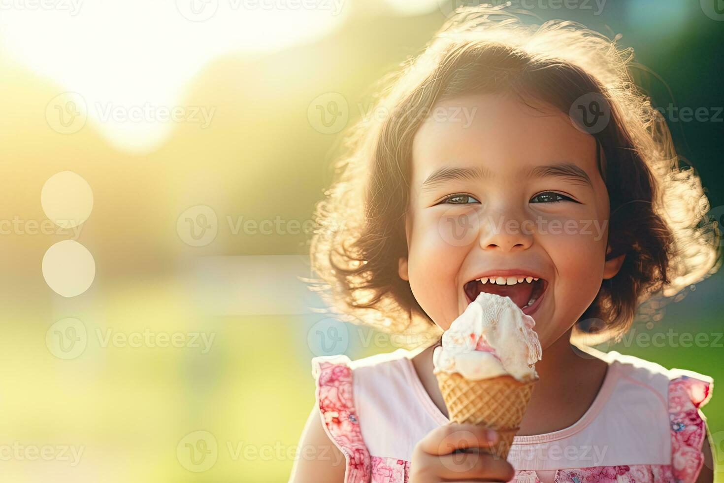 little girl eating ice cream. AI Generated photo