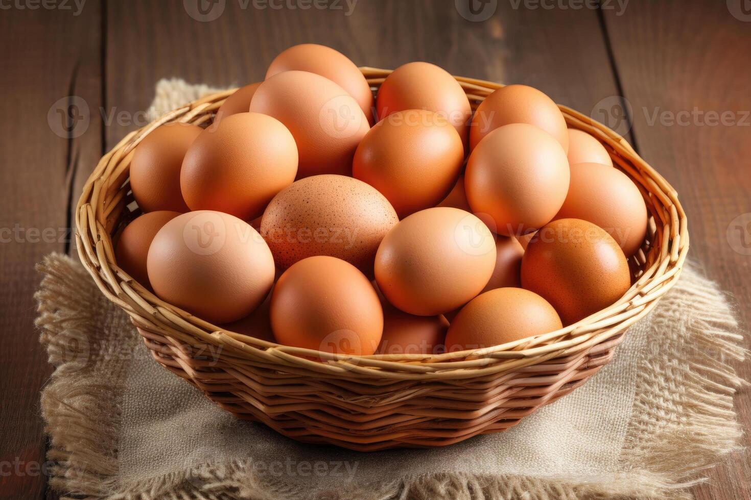 Eggs in a wicker basket on a wooden background. photo
