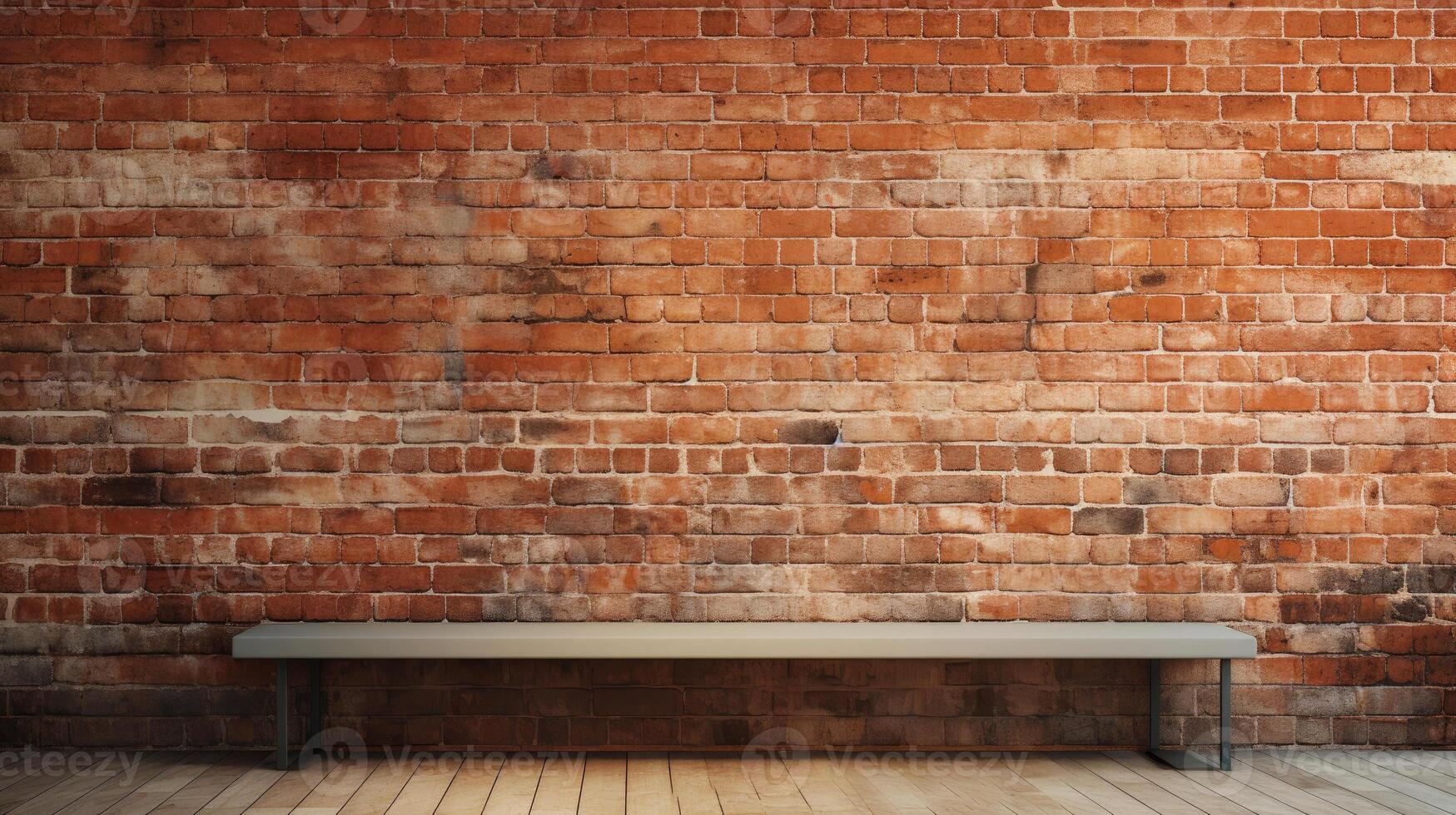 brown brick wall with a bench in front of it. photo