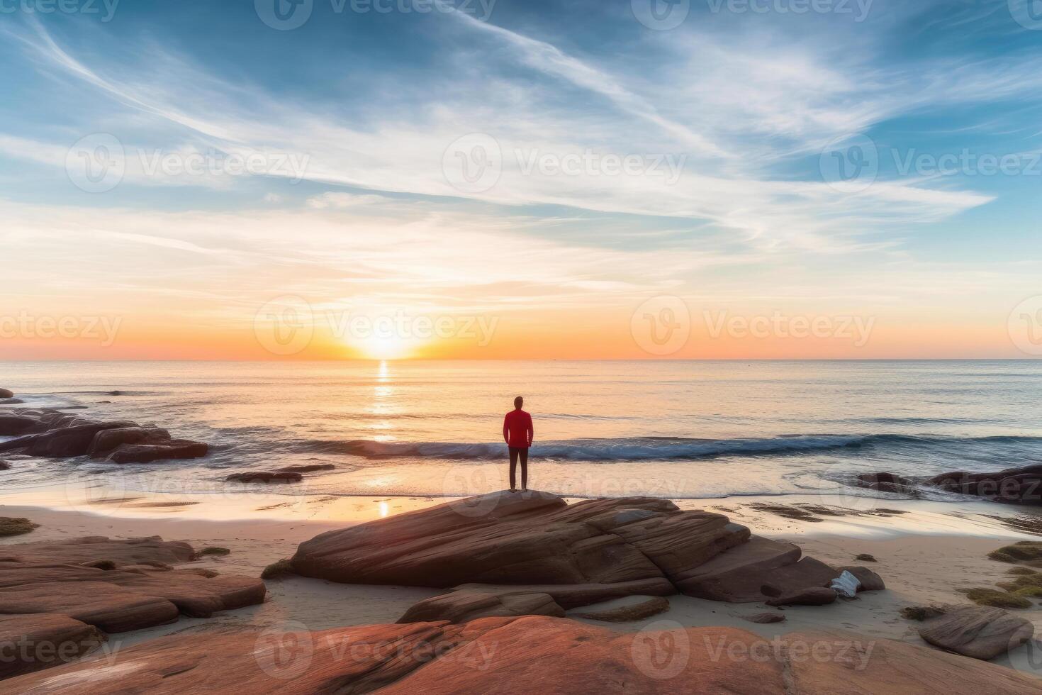 Man standing alone on the beach during sunset. photo
